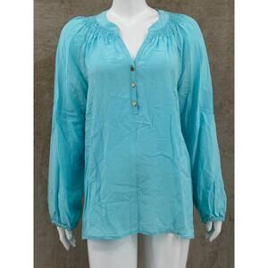 Lilly Pulitzer Top Womens Large Blue Long Sleeve Silk Tunic V-Neck Smock Coastal